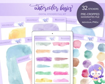 Watercolor Planner Stickers, Brush Strokes, Goodnotes Stickers (Digital Download)