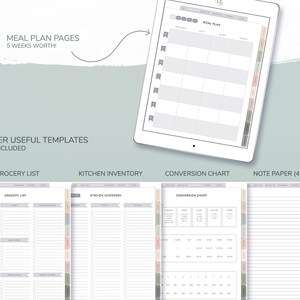 Op de afbeelding: Digitale maaltijdplanner op een tablet, met een 5-weken maaltijdplan, boodschappenlijst, keukeninventaris, conversietabel en notitiepapier templates. De tablet is wit met een grijs en pastel kleurenschema.