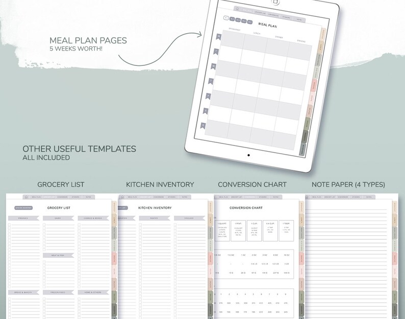 Op de afbeelding: Digitale maaltijdplanner op een tablet, met een 5-weken maaltijdplan, boodschappenlijst, keukeninventaris, conversietabel en notitiepapier templates. De tablet is wit met een grijs en pastel kleurenschema.