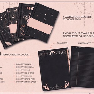 Puede incluir: Cuatro portadas de cuaderno diferentes en negro y rosa con dise&ntilde;os celestiales y lunares. Cada portada est&aacute; disponible en 14 dise&ntilde;os diferentes, incluyendo rayado, Cornell, cuadr&iacute;cula, cuadr&iacute;cula de puntos, en blanco, p&aacute;gina de t&iacute;tulo y tarjetas de notas. Los dise&ntilde;os est&aacute;n disponibles en versiones decoradas y sin decorar.