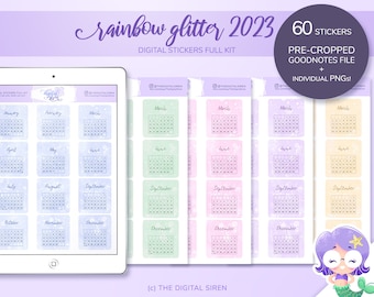 2023 stickers, digital calendar stickers, functional rainbow glitter stickers pre cropped for Goodnotes, individual PNG for Xodo, Notability