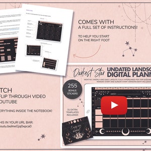 May include: A digital planner with a black and pink landscape design. The planner is undated and includes monthly, weekly, and daily layouts. The planner also includes 255 bonus stickers and 31 extra templates. The text "Darkest Star Undated Landscape Digital Planner" is displayed on the cover.