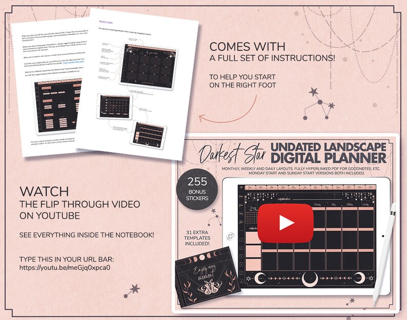 May include: A digital planner with a black and pink landscape design. The planner is undated and includes monthly, weekly, and daily layouts. The planner also includes 255 bonus stickers and 31 extra templates. The text "Darkest Star Undated Landscape Digital Planner" is displayed on the cover.