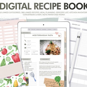 May include: Digital recipe book displayed on a tablet, featuring a Mediterranean pasta recipe. Includes meal planning, grocery list, and kitchen inventory. The cover shows watercolor vegetables. A stylus and recipe pages are also visible.