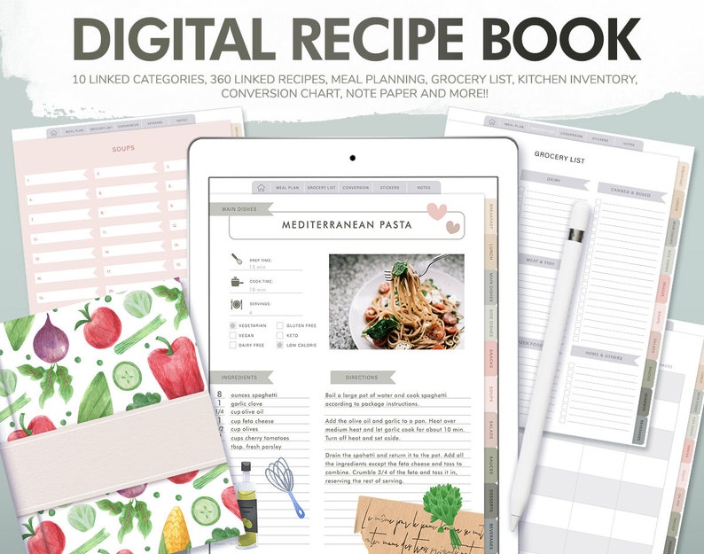 Op de afbeelding: Digitaal receptenboek weergegeven op een tablet, met een recept voor mediterrane pasta. Inclusief maaltijdplanning, boodschappenlijst en keukeninventaris. De omslag toont aquarel groenten. Een stylus en receptpagina's zijn ook zichtbaar.