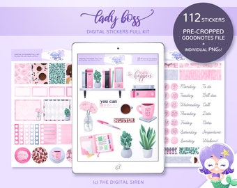 Lady Boss digital stickers full kit, digital planner stickers pre cropped for goodnotes, individual PNG for notability, zoomnotes, xodo
