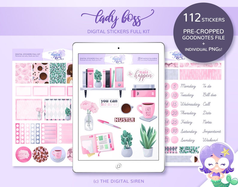 May include: A digital sticker set for planners and journals featuring 112 pre-cropped stickers in a pink and purple color scheme. The stickers include illustrations of coffee cups, plants, books, and motivational quotes like "Make Happen" and "Hustle".