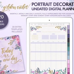 Golden Violet undatierter, vordekorierter Portrait Planer, digitaler Planer, PDF Datei für Goodnotes, Notability, xodo, 30 Templates