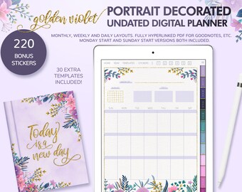Golden Violet Digital Planner, Floral Portrait Layout (PDF)