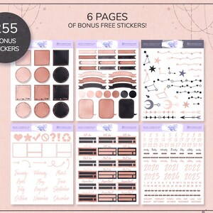 May include: Six pages of printable planner stickers in a rose gold and black colour scheme. The stickers include various shapes, banners, numbers, months, and other designs.