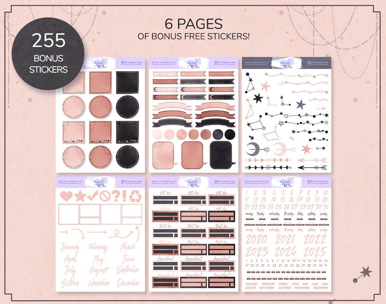 May include: Six pages of printable planner stickers in a rose gold and black colour scheme. The stickers include various shapes, banners, numbers, months, and other designs.