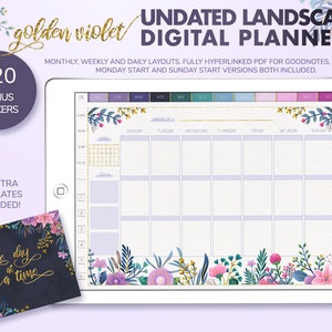 May include: A digital planner app on a tablet with a purple and gold floral design. The app shows a weekly calendar view with the days of the week labeled. The text "golden violet UNDATED LANDSCAPE DIGITAL PLANNER" is at the top of the image. The text "220 BONUS STICKERS" is in the top left corner. The text "32 EXTRA TEMPLATES INCLUDED!" is in the bottom left corner. The text "one day at a time" is in a small square in the bottom left corner.