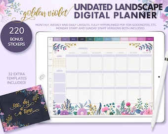 Golden Violet Digital Planner, Floral Gold Foil, 32 Templates (PDF)
