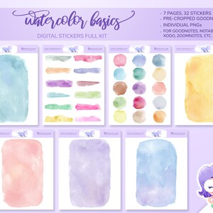 May include: A digital sticker set featuring watercolor backgrounds in various shades of blue, pink, purple, and yellow. The set includes 7 pages with 32 stickers, pre-cropped for use in Goodnotes, Notability, Xodo, Zoomnotes, and other note-taking apps.