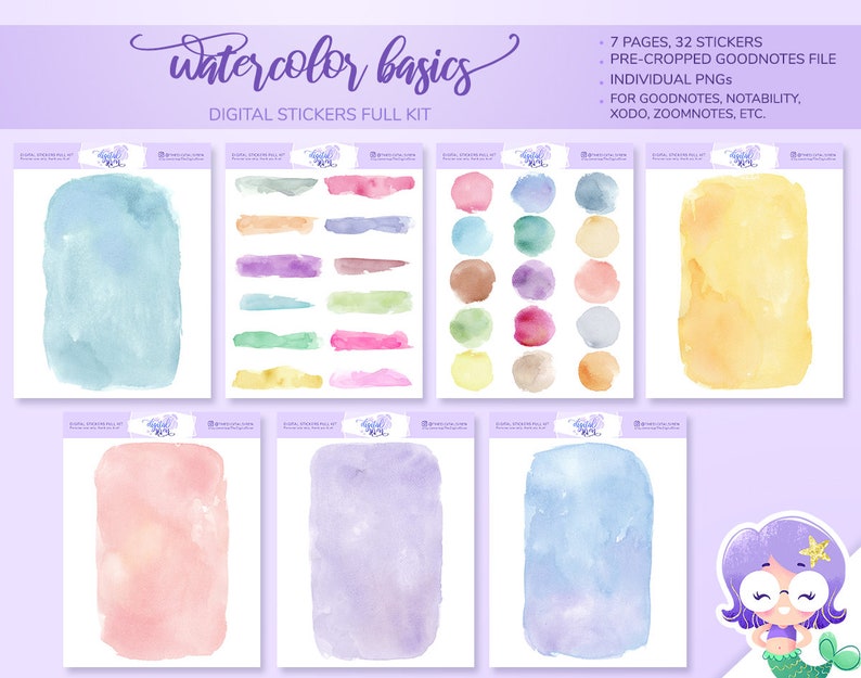 May include: A digital sticker set featuring watercolor backgrounds in various shades of blue, pink, purple, and yellow. The set includes 7 pages with 32 stickers, pre-cropped for use in Goodnotes, Notability, Xodo, Zoomnotes, and other note-taking apps.