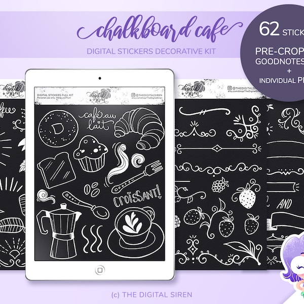 Chalkboard stickers doodle stickers digital full kit, white chalk stickers pre cropped for goodnotes, individual PNG for Xodo, Notability