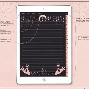 Puede incluir: Un planificador digital en blanco y negro con un tema celestial. El planificador tiene 15 temas, totalmente hipervinculados, y 14 plantillas para elegir. Tambi&eacute;n incluye enlaces &uacute;tiles para obtener m&aacute;s pegatinas, ponerse en contacto con el vendedor y guardar las pegatinas favoritas para un acceso r&aacute;pido.