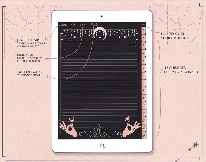 Puede incluir: Un planificador digital en blanco y negro con un tema celestial. El planificador tiene 15 temas, totalmente hipervinculados, y 14 plantillas para elegir. Tambi&eacute;n incluye enlaces &uacute;tiles para obtener m&aacute;s pegatinas, ponerse en contacto con el vendedor y guardar las pegatinas favoritas para un acceso r&aacute;pido.