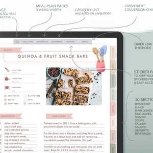 Op de afbeelding: Een digitale maaltijdplanner op een tablet. Het scherm toont een recept voor quinoa- en fruitsnackrepen, met ingredi&euml;nten en instructies. De planner bevat secties voor snacks, ontbijt, lunch en meer. Met boodschappenlijst, conversietabel en stickerpagina.