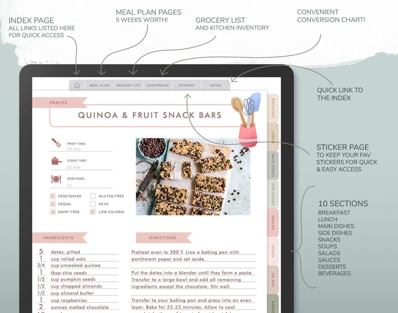Op de afbeelding: Een digitale maaltijdplanner op een tablet. Het scherm toont een recept voor quinoa- en fruitsnackrepen, met ingredi&euml;nten en instructies. De planner bevat secties voor snacks, ontbijt, lunch en meer. Met boodschappenlijst, conversietabel en stickerpagina.