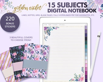 Golden Violet 15 subject digital notebook, fully hyperlinked PDF notebook for Goodnotes, Notability, Xodo, etc, Portrait DIY digital planner