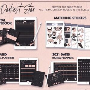 May include: A digital planner collection with a dark star theme. The collection includes undated and 2021 dated digital planners, a digital notebook, and matching stickers. The planners and notebook feature a black background with gold and pink accents. The stickers feature a variety of celestial and mystical designs.
