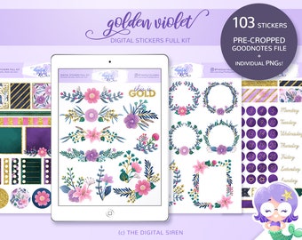 Golden Violet Floral Planner Stickers, Gold Foil, Goodnotes PNG (Digital Download)