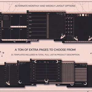 May include: A collection of 31 printable planner pages with a celestial theme. The pages feature different layouts for monthly and weekly planning, including a blank page, a grid page, and a lined page. The pages are decorated with stars, moons, and hands holding a crescent moon.