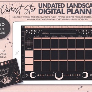 May include: A digital planner with a black background and pink accents. The planner features a monthly calendar layout with a dark star and moon theme. The text "Darkest Star Undated Landscape Digital Planner" is displayed at the top of the image. The planner includes 255 bonus stickers and 31 extra templates.