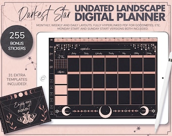 Darkest Star Undated Digital Planner, Hyperlinked PDF, 255 Stickers (For GoodNotes, Notability, Xodo)