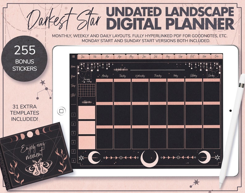 May include: A digital planner with a black background and pink accents. The planner features a monthly calendar layout with a dark star and moon theme. The text "Darkest Star Undated Landscape Digital Planner" is displayed at the top of the image. The planner includes 255 bonus stickers and 31 extra templates.