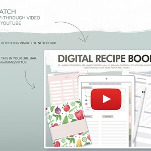 Op de afbeelding: Een digitaal receptenboek weergegeven op een tablet, met een overlay-afspeelknop. De afbeelding bevat een notitieboek met een groentepatroon en de tekst "DIGITAL RECIPE BOOK" en "WATCH FLIP-THROUGH VIDEO ON YOUTUBE".