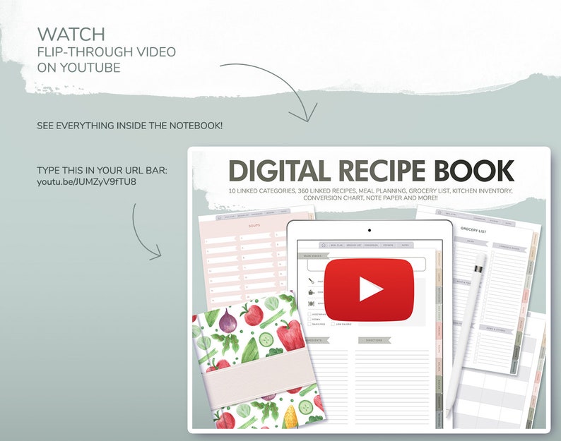 Op de afbeelding: Een digitaal receptenboek weergegeven op een tablet, met een overlay-afspeelknop. De afbeelding bevat een notitieboek met een groentepatroon en de tekst "DIGITAL RECIPE BOOK" en "WATCH FLIP-THROUGH VIDEO ON YOUTUBE".