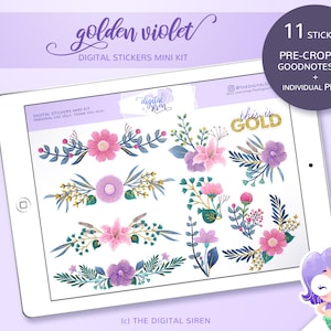 Golden Violet digital stickers mini kit, floral planner stickers pre cropped for goodnotes, flowers individual PNG for notability, zoomnotes