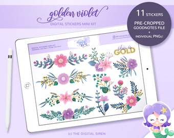 Golden Violet Floral Stickers, Goodnotes Planner, PNG (Digital Download)