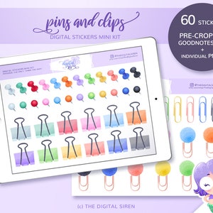 Pins and clips digital stickers mini kit, planner accessories stickers pre cropped for goodnotes, individual PNG for notability, zoomnotes