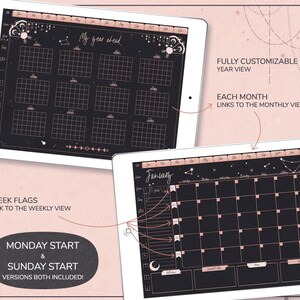 May include: A digital planner app interface with a black background and pink accents. The app displays a year-long calendar view with each month linked to a monthly view. The app also includes a weekly view with flags to mark important dates. The text "My year ahead" is displayed at the top of the calendar.
