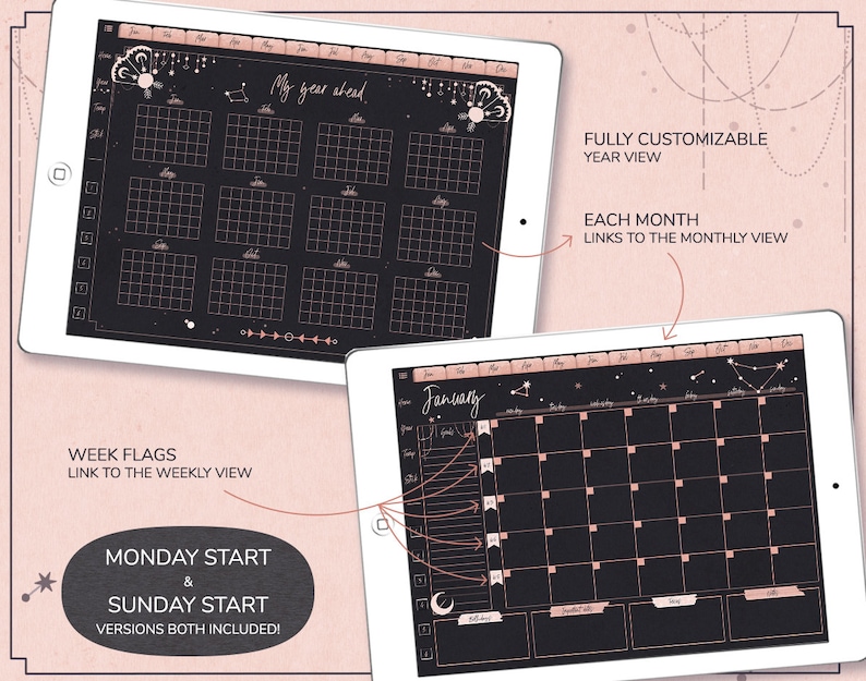 May include: A digital planner app interface with a black background and pink accents. The app displays a year-long calendar view with each month linked to a monthly view. The app also includes a weekly view with flags to mark important dates. The text "My year ahead" is displayed at the top of the calendar.