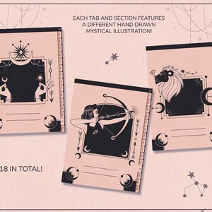 Puede incluir: Un conjunto de 18 p&aacute;ginas de planificador imprimibles con ilustraciones m&iacute;sticas dibujadas a mano. Cada p&aacute;gina presenta un dise&ntilde;o diferente, incluyendo una luna creciente, una estrella, una mano, una flecha y un le&oacute;n. Las p&aacute;ginas est&aacute;n dise&ntilde;adas para ser utilizadas en un planificador o diario.