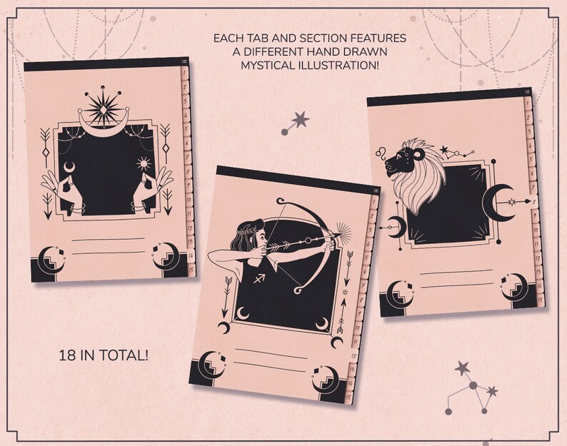 Puede incluir: Un conjunto de 18 p&aacute;ginas de planificador imprimibles con ilustraciones m&iacute;sticas dibujadas a mano. Cada p&aacute;gina presenta un dise&ntilde;o diferente, incluyendo una luna creciente, una estrella, una mano, una flecha y un le&oacute;n. Las p&aacute;ginas est&aacute;n dise&ntilde;adas para ser utilizadas en un planificador o diario.