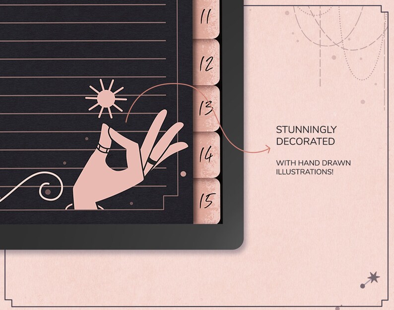 Puede incluir: Una agenda negra con una ilustraci&oacute;n de mano rosa y un sol. La agenda tiene una pesta&ntilde;a rosa con el n&uacute;mero 14. El texto "Stunningly Decorated with Hand Drawn Illustrations!" est&aacute; en el lado derecho de la imagen.