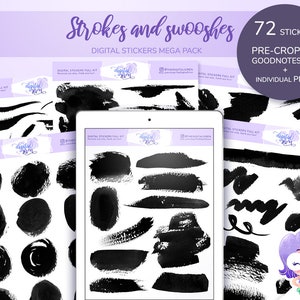 Precropped digital stickers for digital planner, ink brush strokes black and white Goodnotes stickers, individual PNG for Xodo Notability