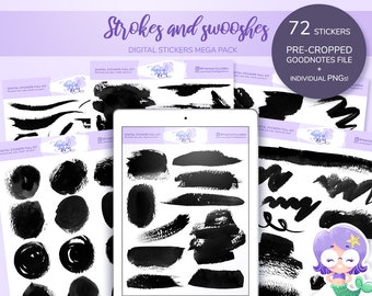 Precropped digital stickers for digital planner, ink brush strokes black and white Goodnotes stickers, individual PNG for Xodo Notability