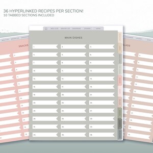Op de afbeelding: Digitale receptenplanner met 10 tabbladen en 36 hyperlinks per sectie. De planner heeft secties voor maaltijdplanning, boodschappenlijstjes en notities. De pagina's zijn in tinten roze, grijs en beige met gelabelde tabbladen.