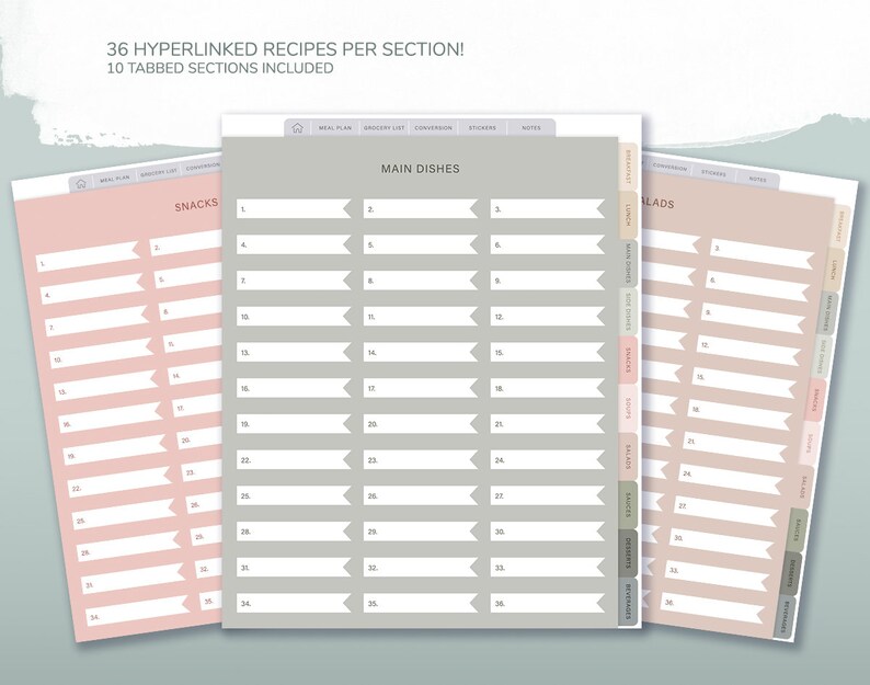 Op de afbeelding: Digitale receptenplanner met 10 tabbladen en 36 hyperlinks per sectie. De planner heeft secties voor maaltijdplanning, boodschappenlijstjes en notities. De pagina's zijn in tinten roze, grijs en beige met gelabelde tabbladen.