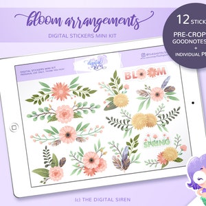 In Bloom digital stickers mini kit, flowers and floral planner stickers pre cropped for goodnotes, individual PNG for notability, zoomnotes