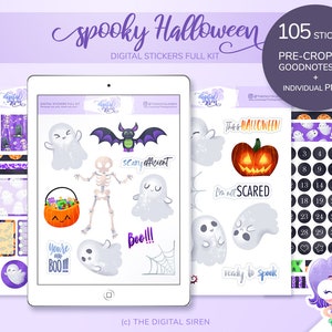 May include: A digital sticker set with 105 pre-cropped Halloween themed stickers. The stickers feature ghosts, pumpkins, bats, skeletons, and other spooky elements. The set includes a Goodnotes file and individual PNGs.