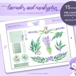 Lavender and Eucalyptus digital stickers milni kit, floral planner stickers pre cropped for goodnotes, individual PNG for zoomnotes xodo