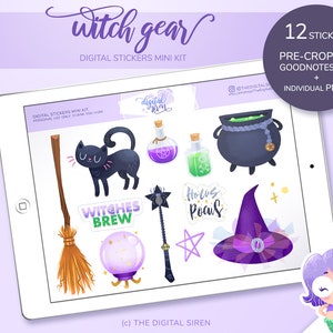 Digital planner stickers mini kit, Witch and witchcraft Halloween stickers pre cropped for goodnotes, individual PNG for notability, xodo