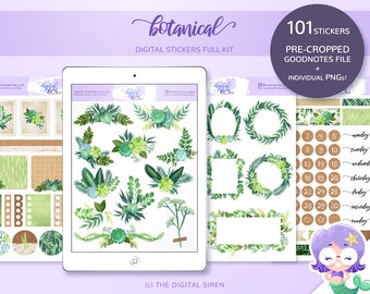 Botanical Digital Planner Stickers Kit, Green Plants, Goodnotes PNG (101 Stickers)